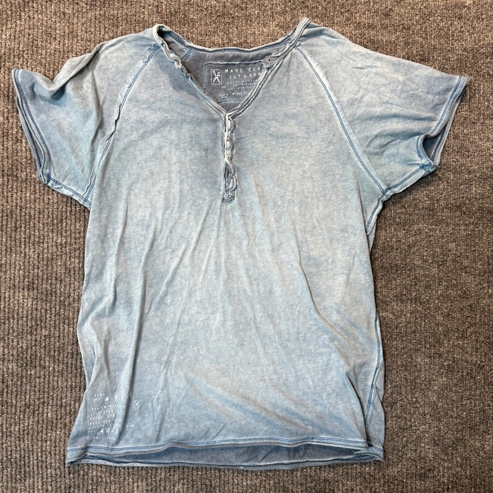 Marc Ecko Cut & Sew Henley Medium Blue Acid Wash Cotton Raw Edge Detail